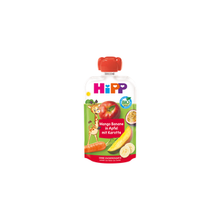 HiPP Bio Quetschie Mango Banane in Apfel mit Karotte im Beutel mit rotem Verschluss auf weißem Hintergrund