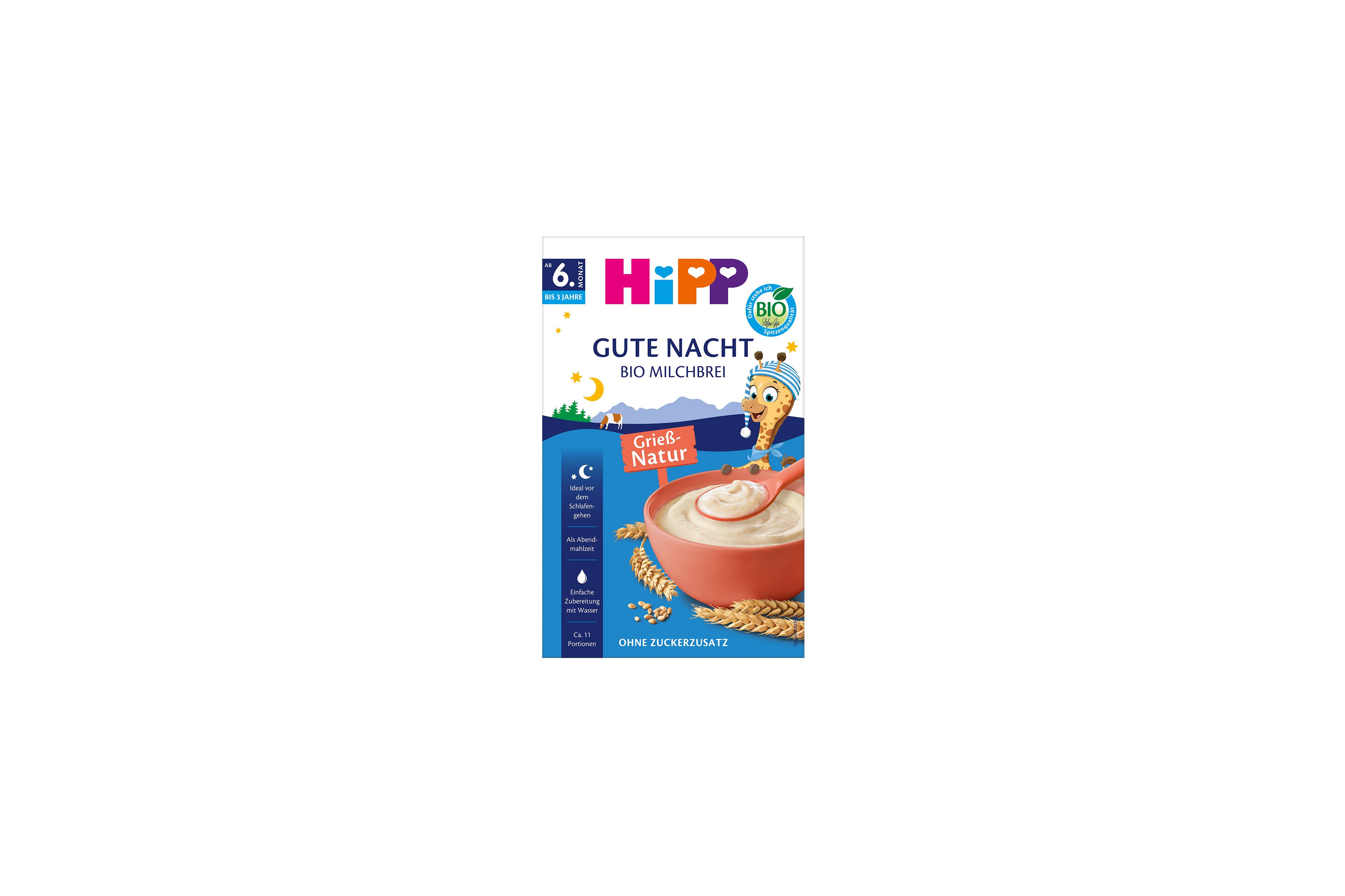 HiPP Gute Nacht Bio Milchbrei Grieß-Natur Packung mit Schüssel Milchbrei, ab 6. Monat, ohne Zuckerzusatz