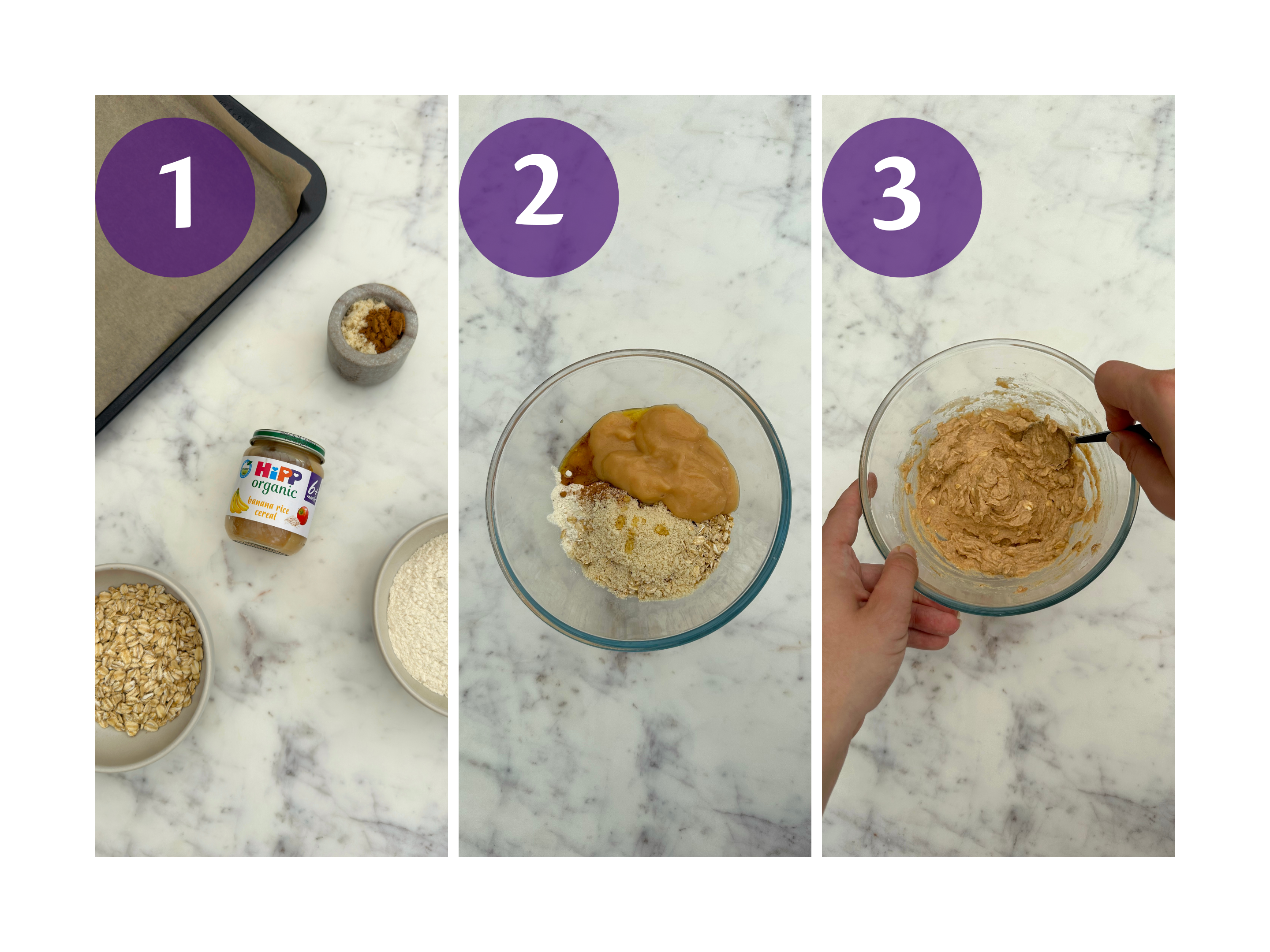 Three-step collage showing HiPP Organic banana rice cereal, oats and flour being mixed into a smooth dough for chewy baby biscuits.
