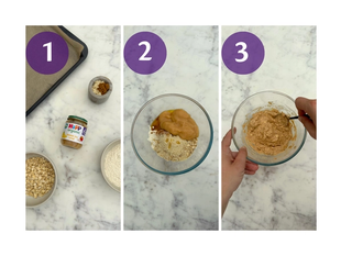 Three-step collage showing HiPP Organic banana rice cereal, oats and flour being mixed into a smooth dough for chewy baby biscuits.