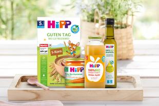 Vier verschiedene Hipp-Babynahrungsprodukte auf einem Holztablett vor unscharfem Hintergrund