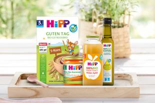Vier verschiedene Hipp-Babynahrungsprodukte auf einem Holztablett vor unscharfem Hintergrund