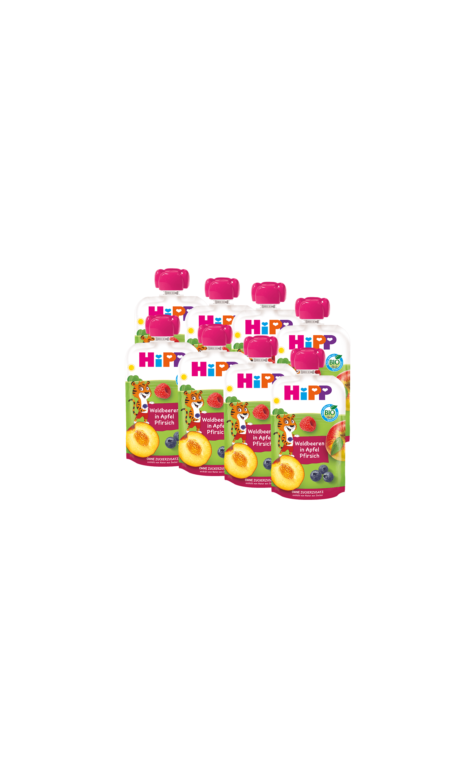 8er-Pack HiPP Bio Quetschbeutel Waldbeeren in Apfel-Pfirsich, fruchtiger Snack für unterwegs ohne Zuckerzusatz