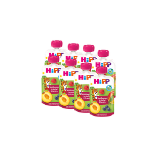 8er-Pack HiPP Bio Quetschbeutel Waldbeeren in Apfel-Pfirsich, fruchtiger Snack für unterwegs ohne Zuckerzusatz