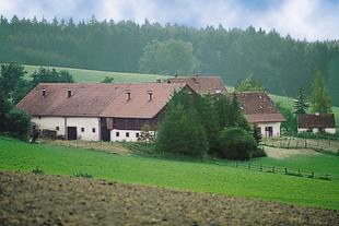 Historischer Bauernhof im Grünen nahe Pfaffenhofen, umgeben von Wiesen, Bäumen und sanften Hügeln – Sinnbild für HiPP Bio-Landbau.