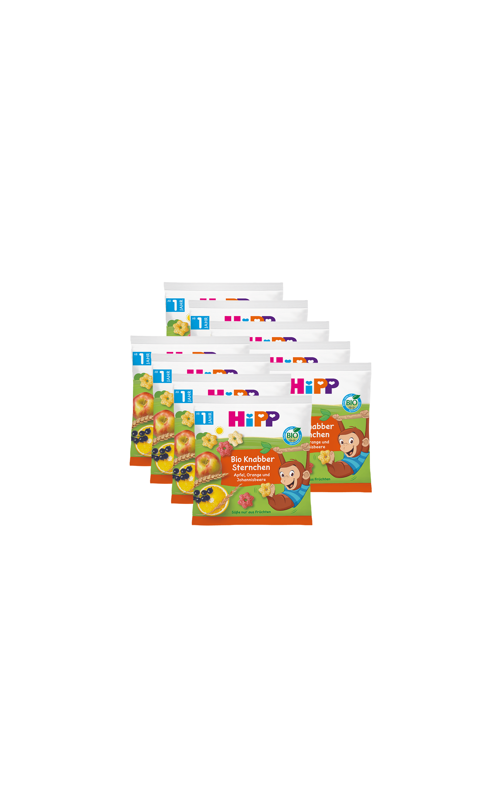 9er Pack HiPP Bio Knabber Sternchen Apfel-Orange-Johannisbeere Snacks für Kleinkinder auf schwarzem Hintergrund