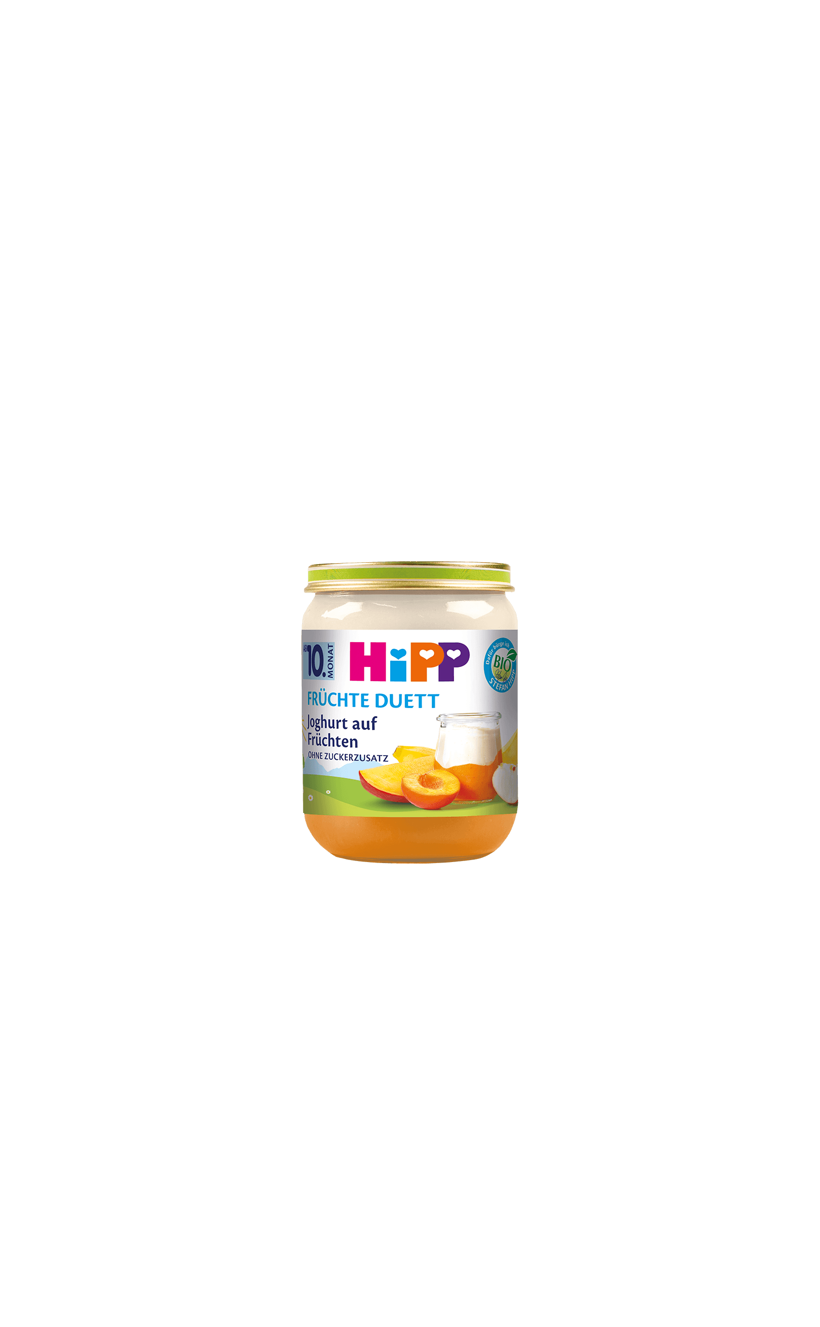 HiPP Joghurt auf Früchten Bio-Gläschen mit zweischichtigem Früchte-Duett, Aprikosenmotiv und Altersangabe ab 10. Monat