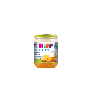 HiPP Joghurt auf Früchten Bio-Gläschen mit zweischichtigem Früchte-Duett, Aprikosenmotiv und Altersangabe ab 10. Monat