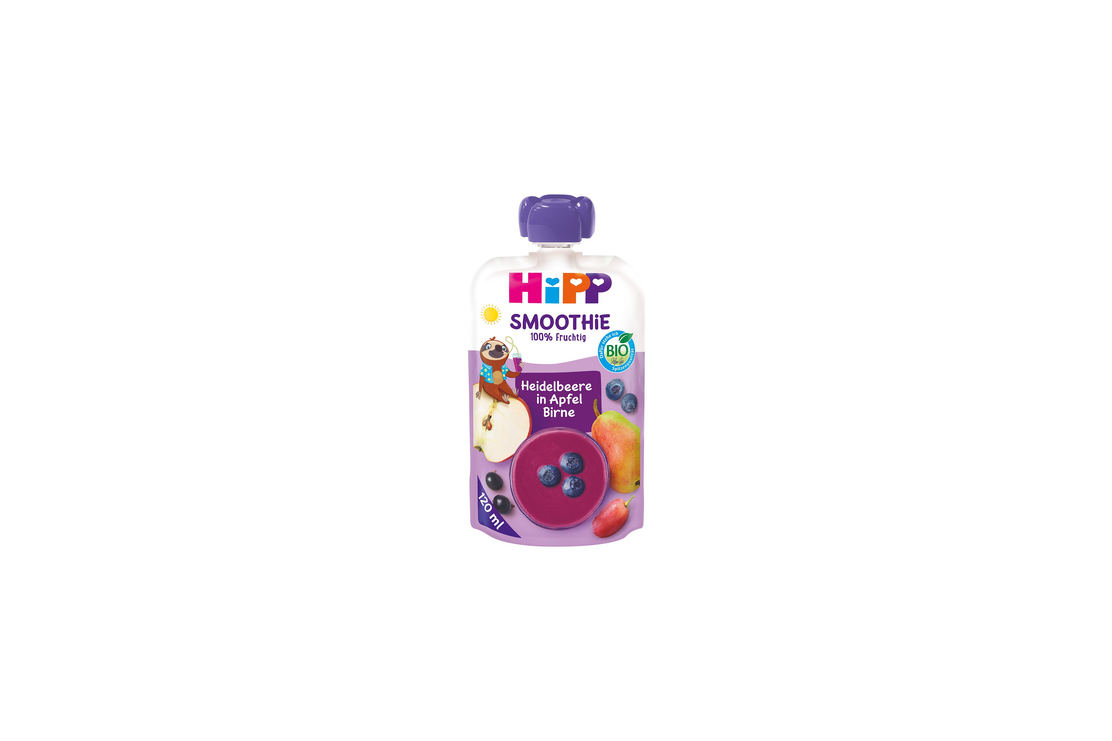 HiPP Bio Smoothie Quetschbeutel Heidelbeere in Apfel-Birne, 120 ml, mit Früchtemotiven auf lila Hintergrund