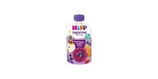 HiPP Bio Smoothie Quetschbeutel Heidelbeere in Apfel-Birne, 120 ml, mit Früchtemotiven auf lila Hintergrund