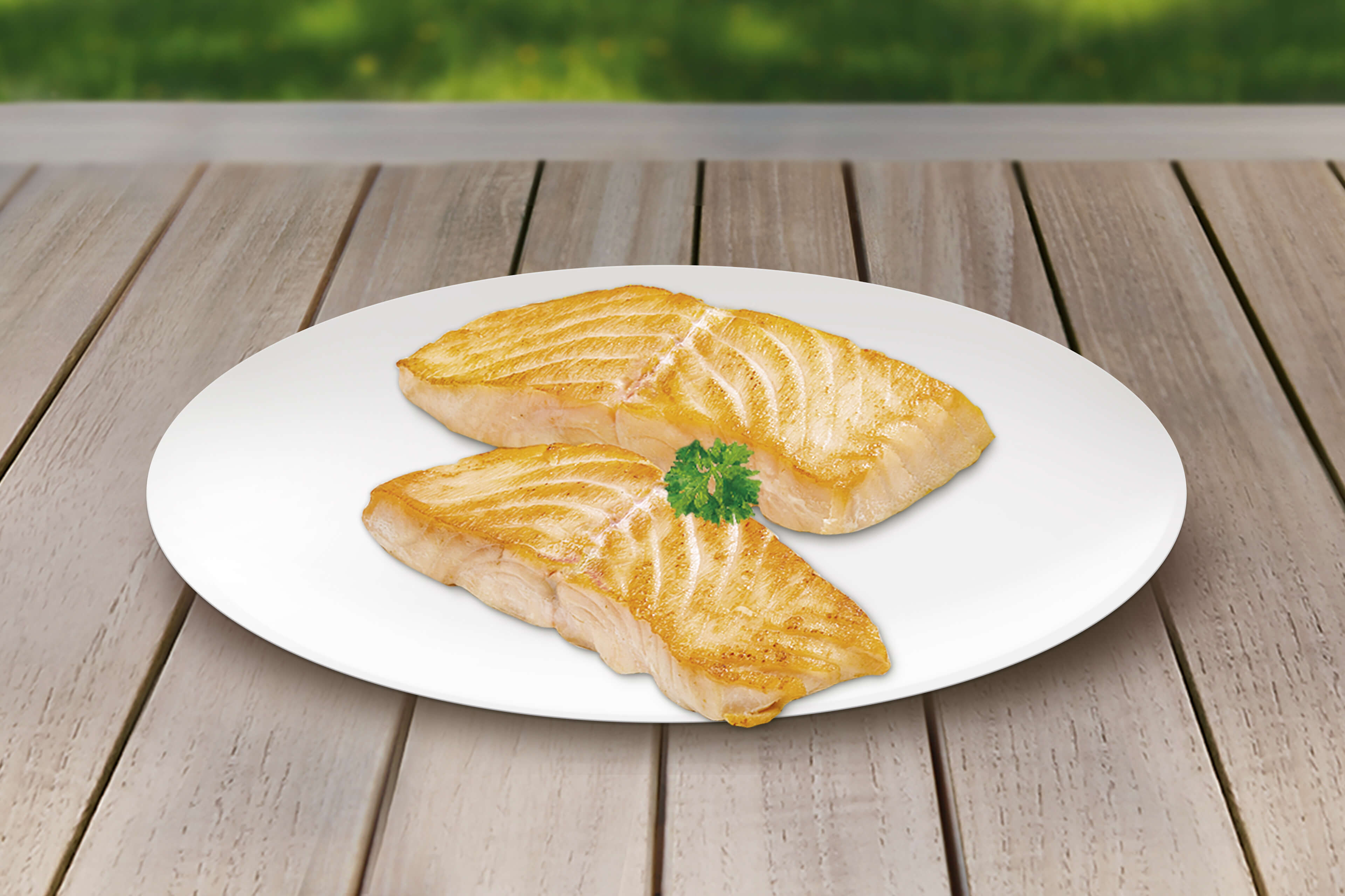 Zwei gegrillte Lachsfilets auf einem weißen Teller, garniert mit einem Zweig Petersilie.