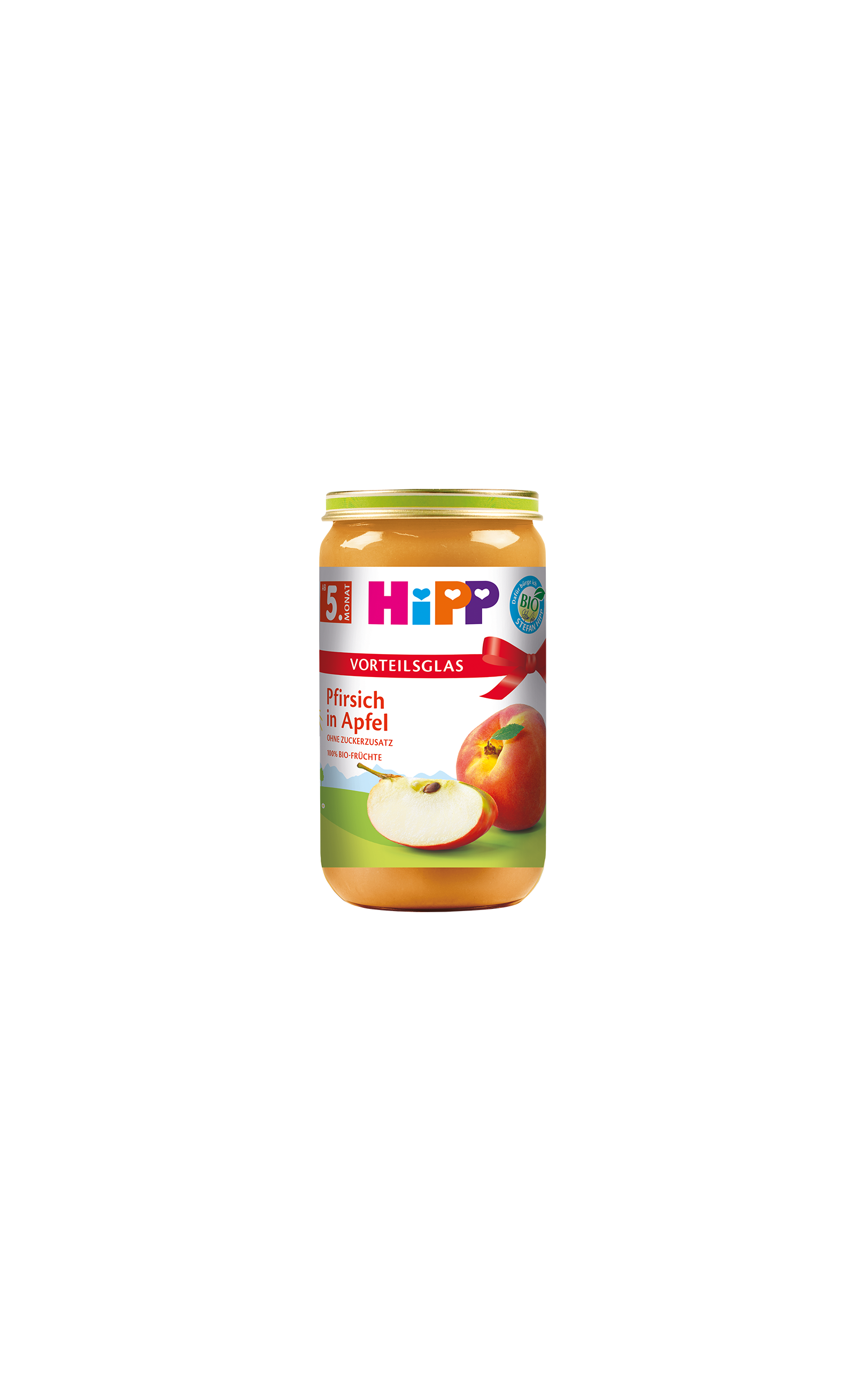 HiPP Bio Fruchtpüree Pfirsich in Apfel 250g im Vorteils-Glas auf weißem Hintergrund