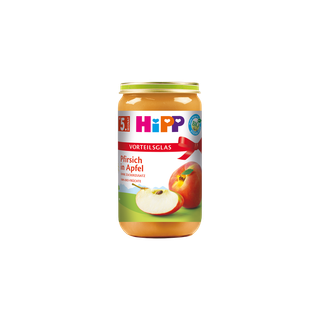 HiPP Bio Fruchtpüree Pfirsich in Apfel 250g im Vorteils-Glas auf weißem Hintergrund