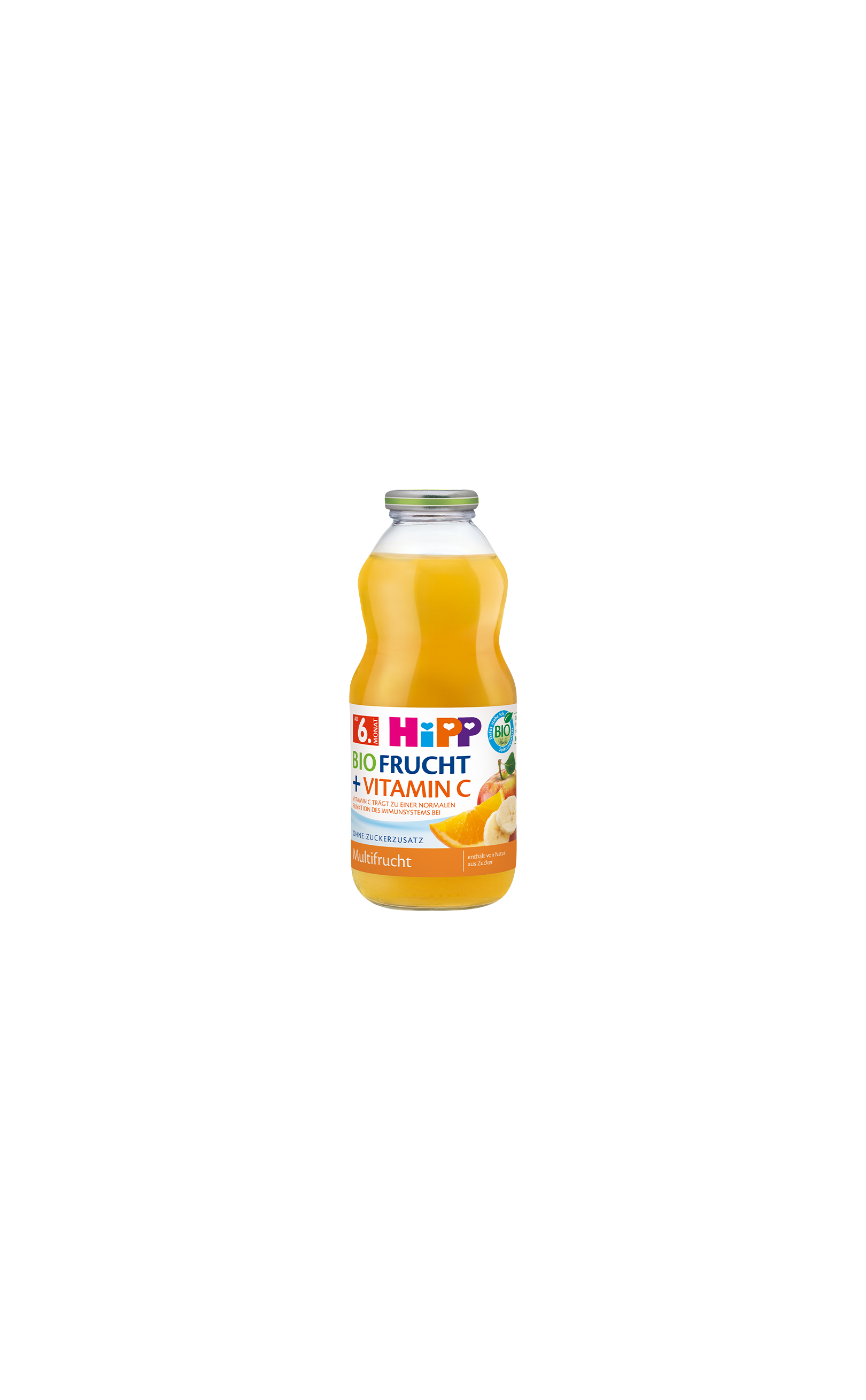 HiPP Multifrucht mit Vitamin C im Glas, Bio-Fruchtsaft für Babys ab 6. Monat auf schwarzem Hintergrund