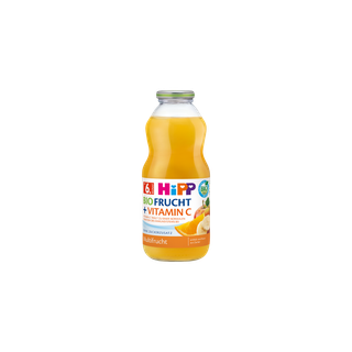 HiPP Multifrucht mit Vitamin C im Glas, Bio-Fruchtsaft für Babys ab 6. Monat auf schwarzem Hintergrund