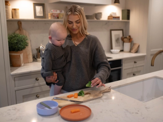 Mum prepping vegetables for baby led weaning