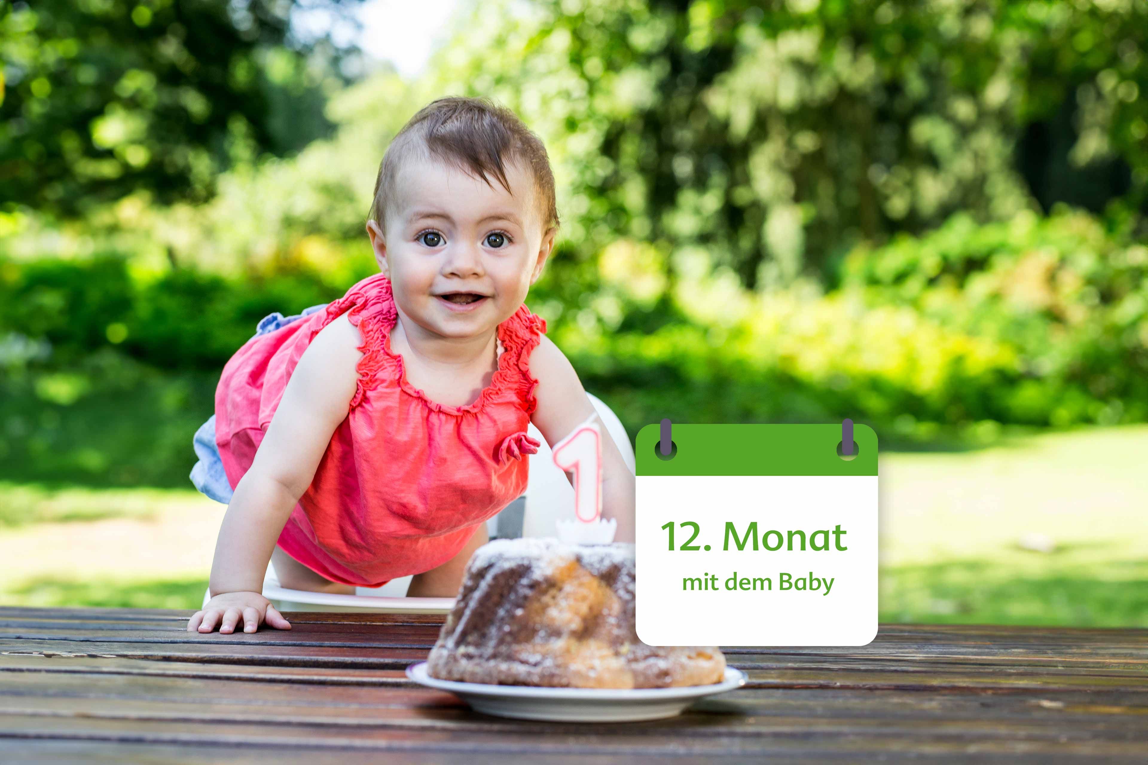 Ein Baby in einem orangefarbenen Outfit, das in einem Hochstuhl sitzt und auf einen Kuchen mit der Zahl "1" blickt, begleitet von einem grünen Kalender mit der Aufschrift "12. Monat mit dem Baby".