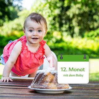 Ein Baby in einem orangefarbenen Outfit, das in einem Hochstuhl sitzt und auf einen Kuchen mit der Zahl "1" blickt, begleitet von einem grünen Kalender mit der Aufschrift "12. Monat mit dem Baby".