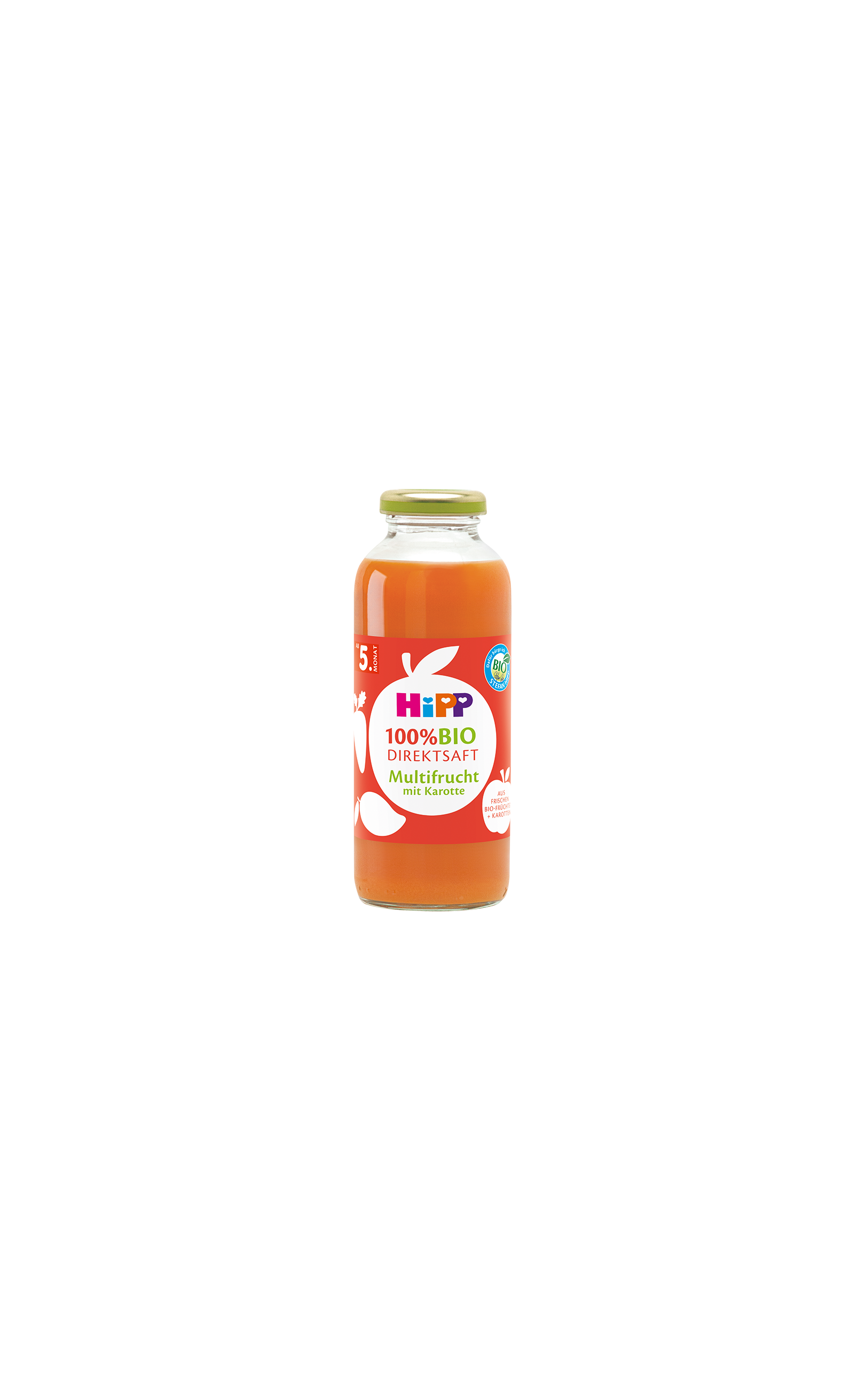 HiPP 100% Bio Direktsaft Multifrucht mit Karotte in Glasflasche mit orangefarbenem Saft auf weißem Hintergrund