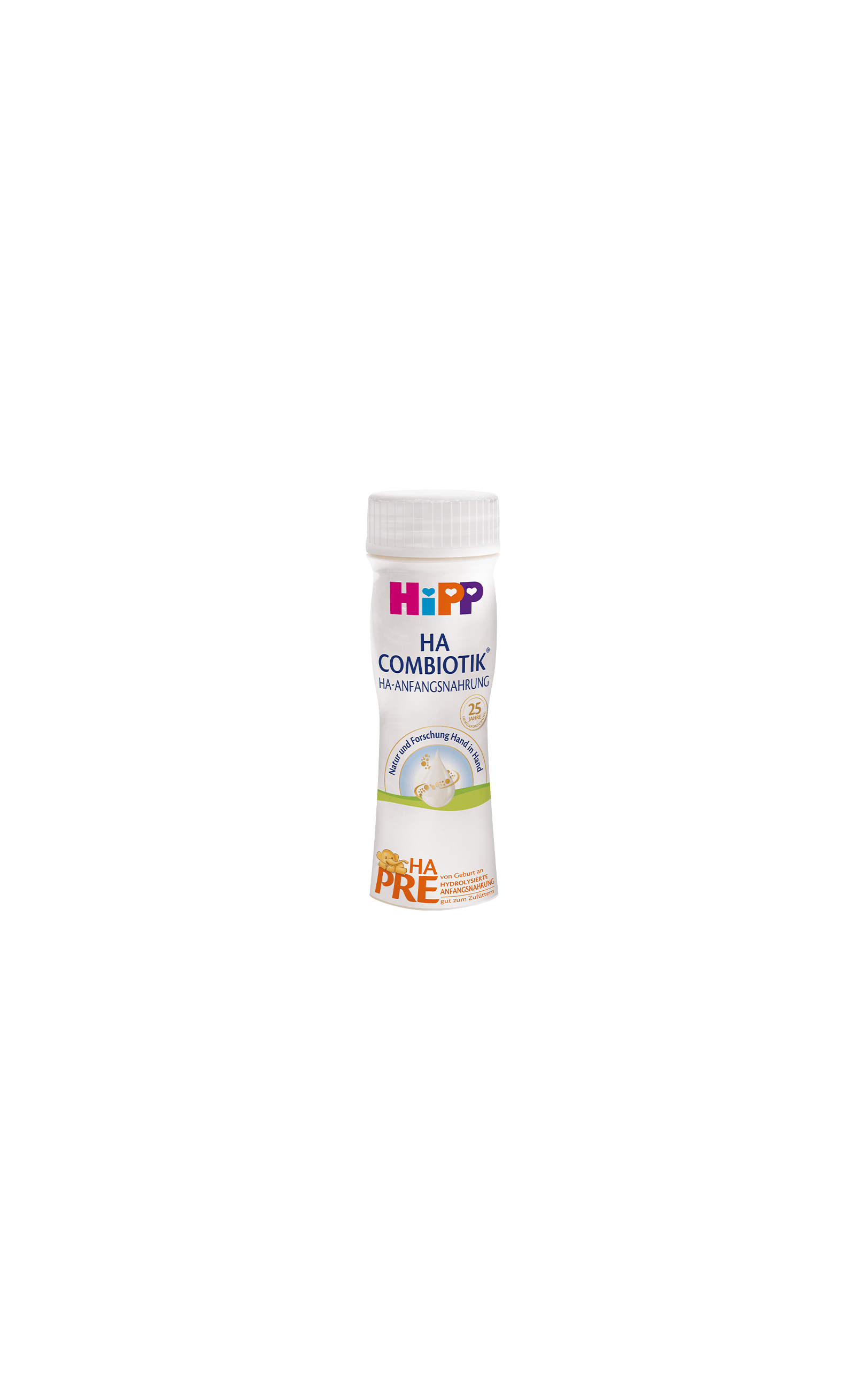 HiPP PRE HA COMBIOTIK® trinkfertige 200ml Flasche HA-Anfangsnahrung auf weißem Hintergrund, frontal freigestellt