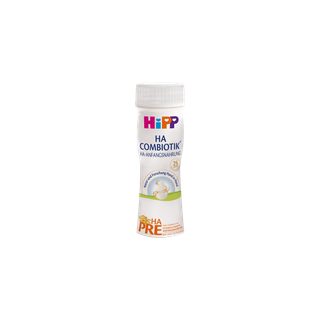 HiPP PRE HA COMBIOTIK® trinkfertige 200ml Flasche HA-Anfangsnahrung auf weißem Hintergrund, frontal freigestellt