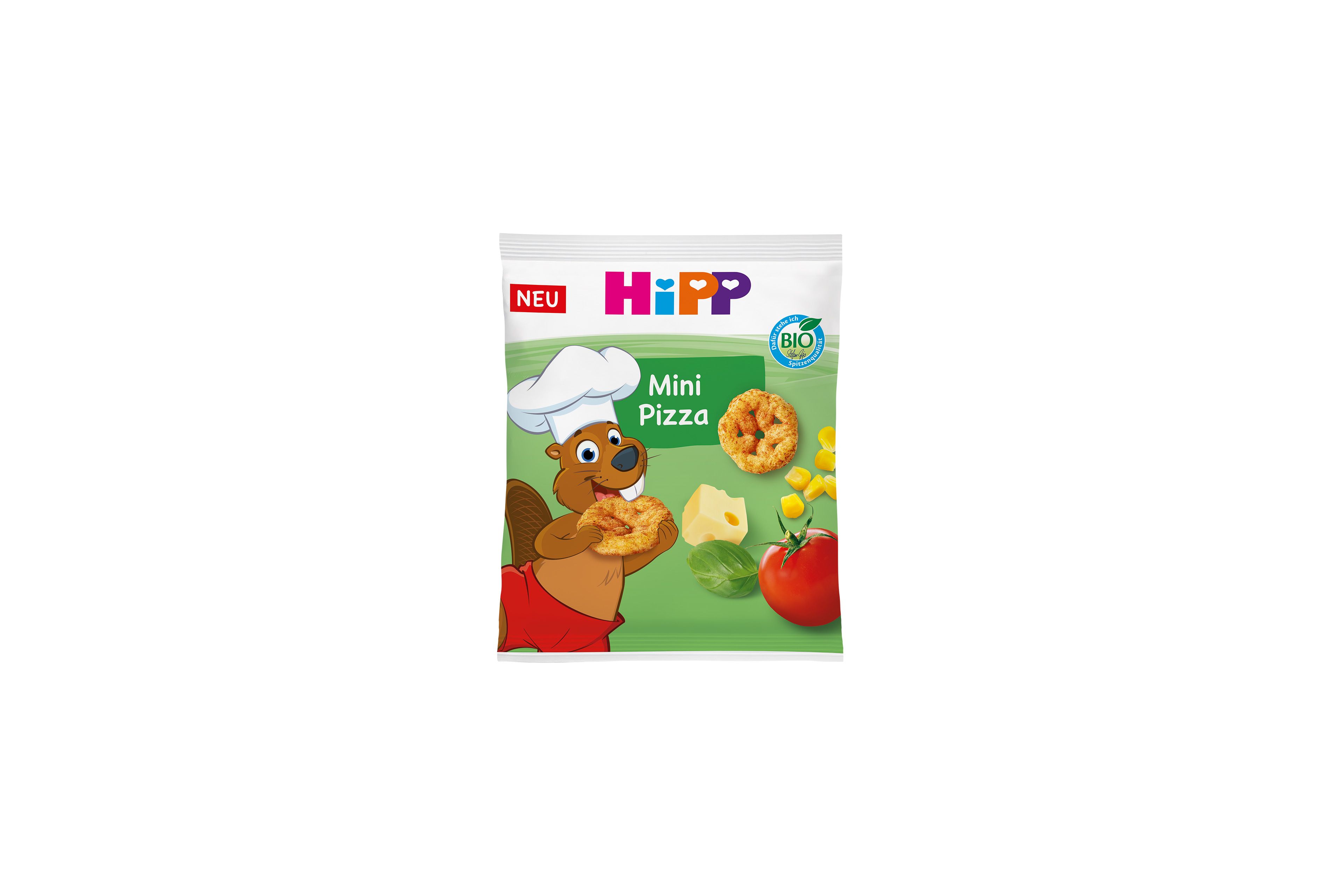 HiPP Bio Mini Pizza mit Tomate, Käse und Basilikum in grüner Packung