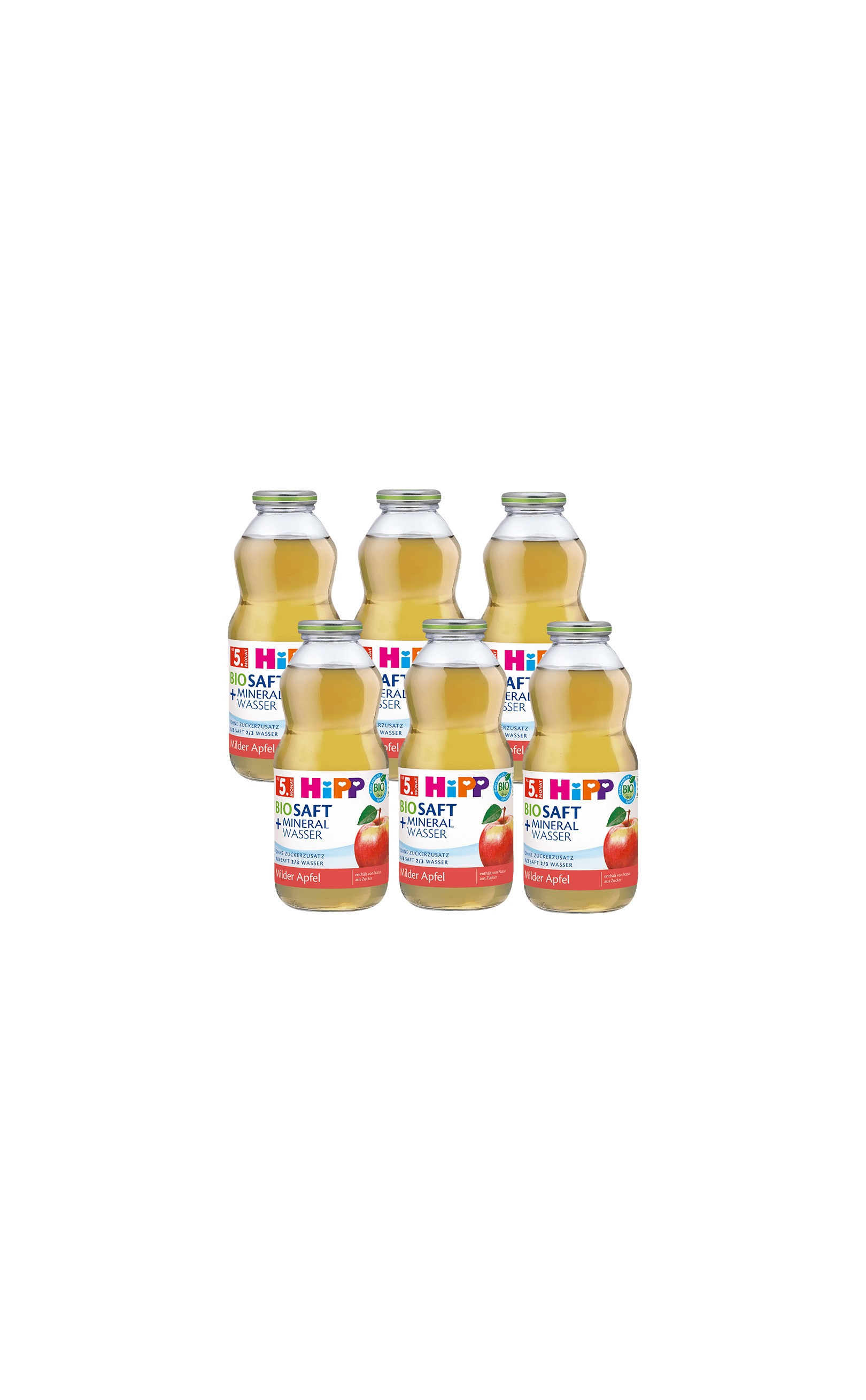 Sechserpack HiPP Bio Saft + Mineralwasser, milder Apfel, 6 x 0,5 l Glasflaschen auf schwarzem Hintergrund