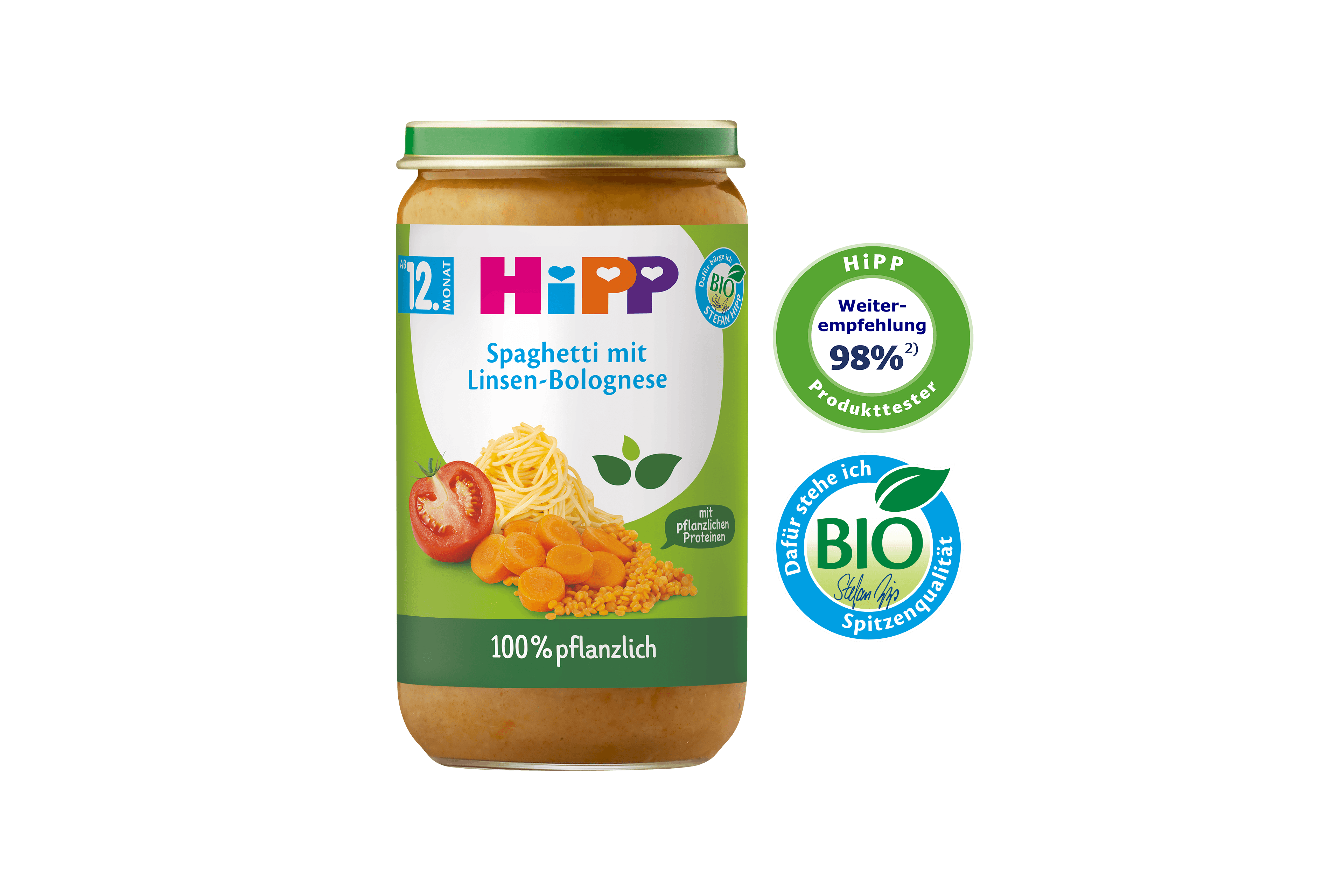 HiPP Glas „Spaghetti mit Linsen-Bolognese“ ab 12. Monat, 100 % pflanzlich, mit 98 % Weiterempfehlungs- und HiPP BIO-Siegeln.