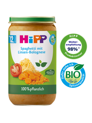 HiPP Glas „Spaghetti mit Linsen-Bolognese“ ab 12. Monat, 100 % pflanzlich, mit 98 % Weiterempfehlungs- und HiPP BIO-Siegeln.
