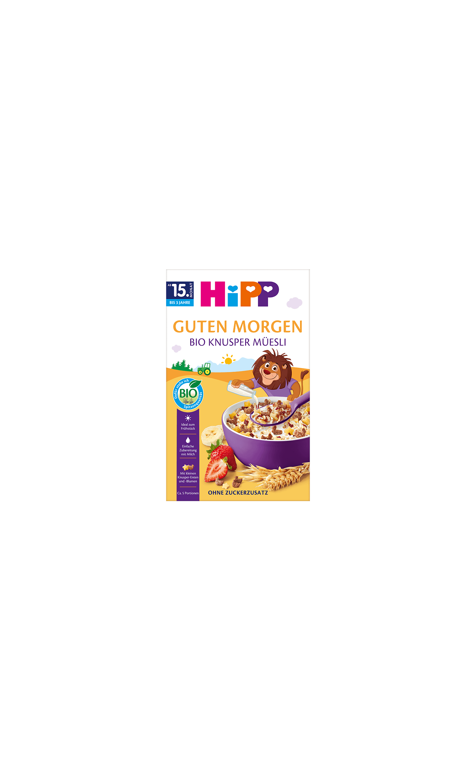 HiPP Guten Morgen Bio Knusper-Müesli Packung mit Schüssel Knuspermüsli, Erdbeeren und Getreide, ab 15 Monaten, ohne Zuckerzusatz
