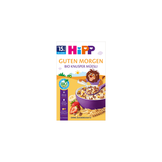 HiPP Guten Morgen Bio Knusper-Müesli Packung mit Schüssel Knuspermüsli, Erdbeeren und Getreide, ab 15 Monaten, ohne Zuckerzusatz