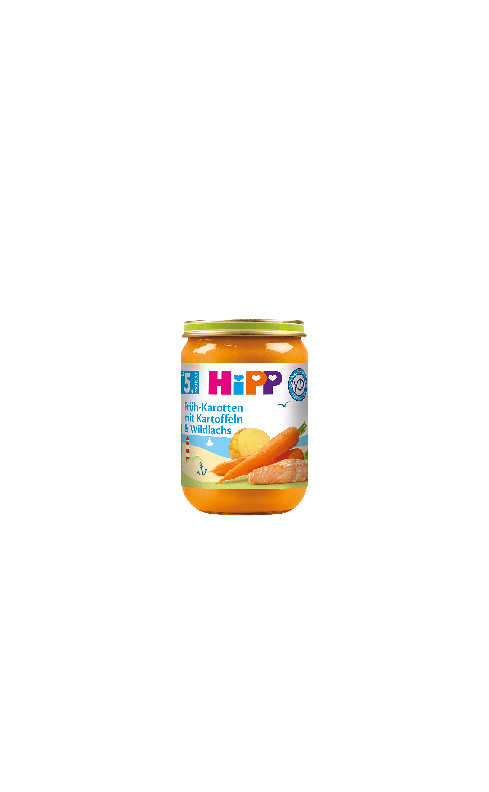 HiPP Früh-Karotten mit Kartoffeln & Wildlachs Bio-Babygläschen ab dem 5. Monat vor schwarzem Hintergrund