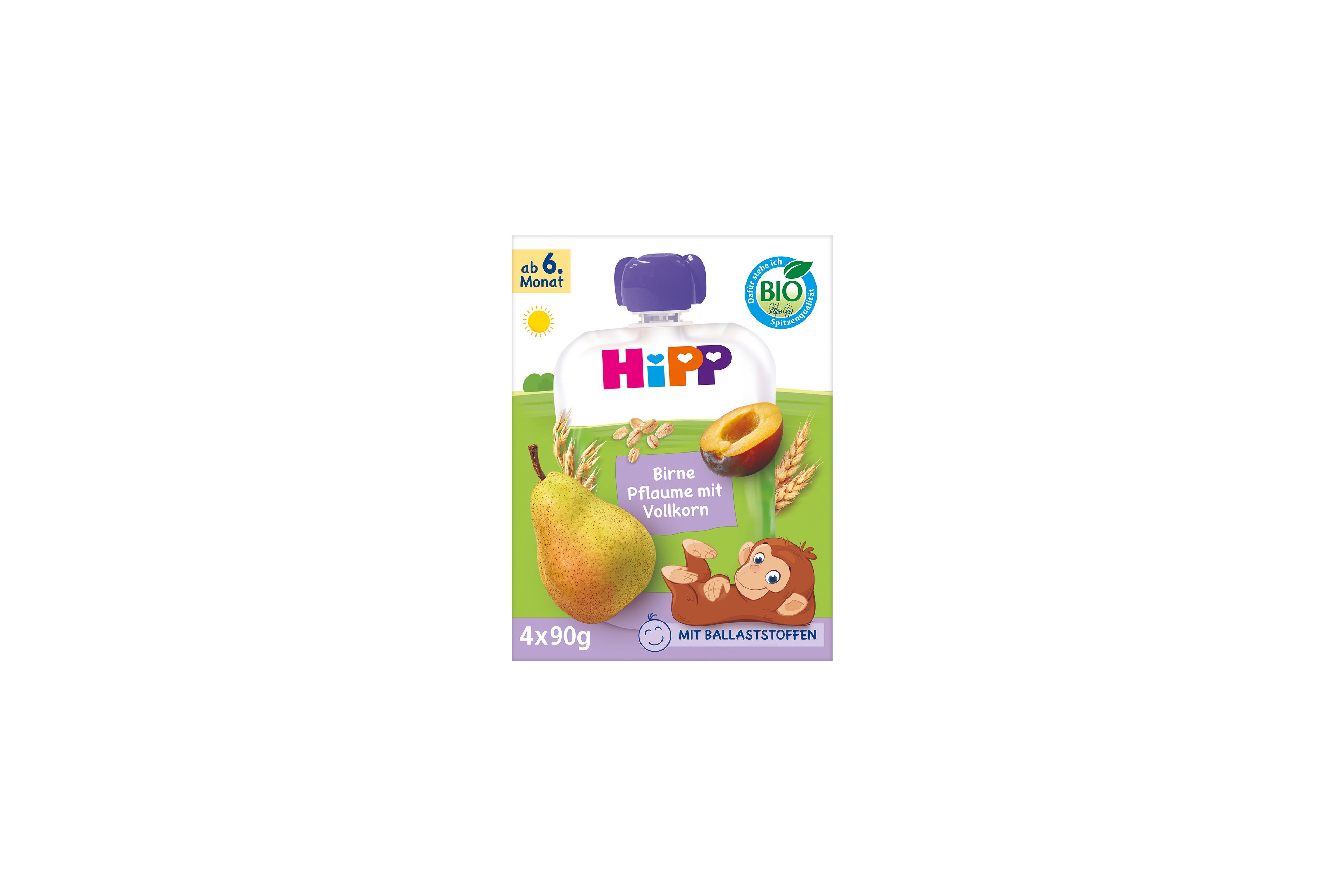 HiPP Bio Quetschie Birne Pflaume mit Vollkorn, 4×90g, ab 6. Monat, mit Ballaststoffen aus Vollkorngetreide