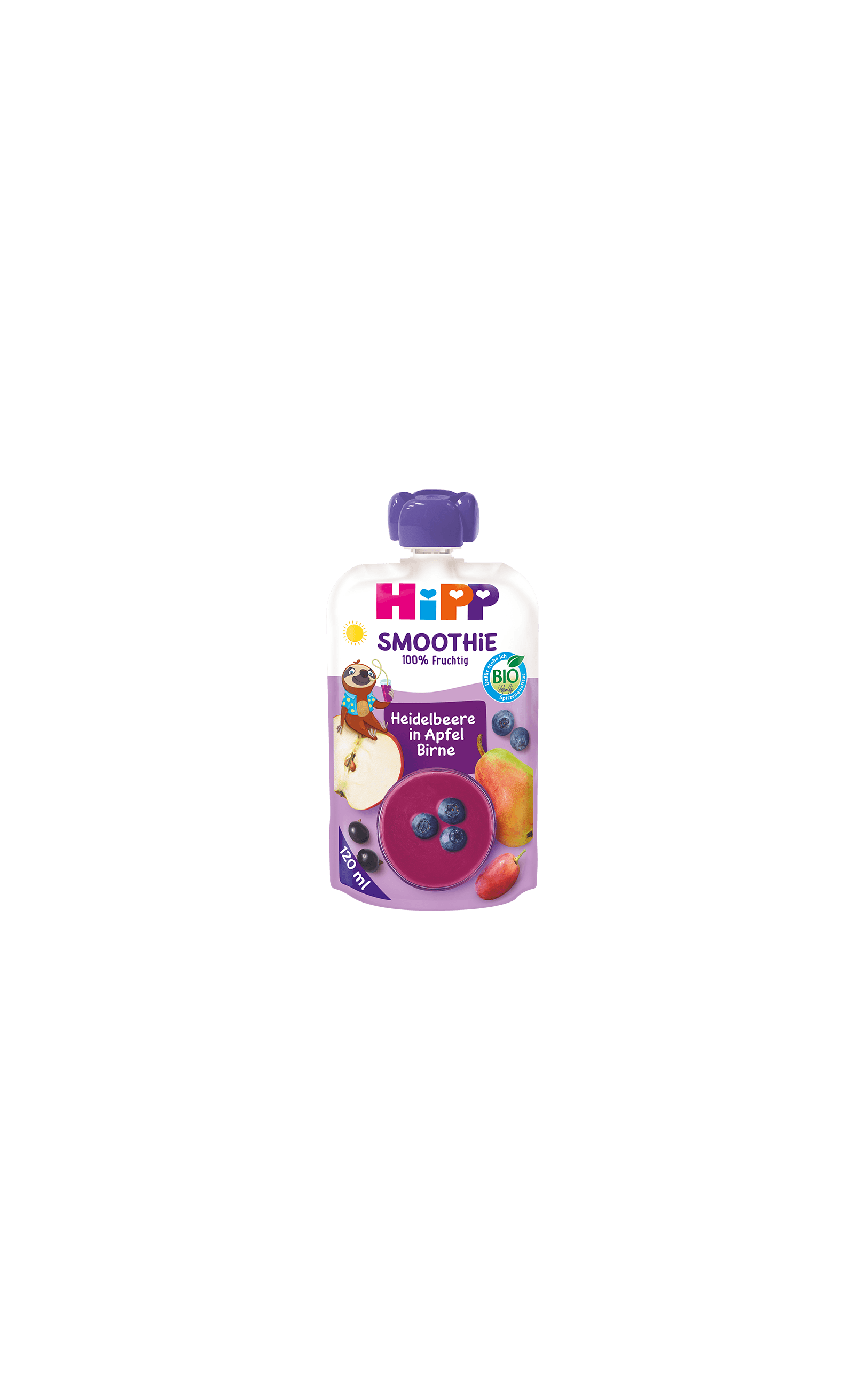 HiPP Bio Smoothie Quetschbeutel Heidelbeere in Apfel-Birne, 120 ml, mit Früchtemotiven auf lila Hintergrund