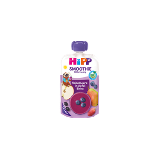 HiPP Bio Smoothie Quetschbeutel Heidelbeere in Apfel-Birne, 120 ml, mit Früchtemotiven auf lila Hintergrund