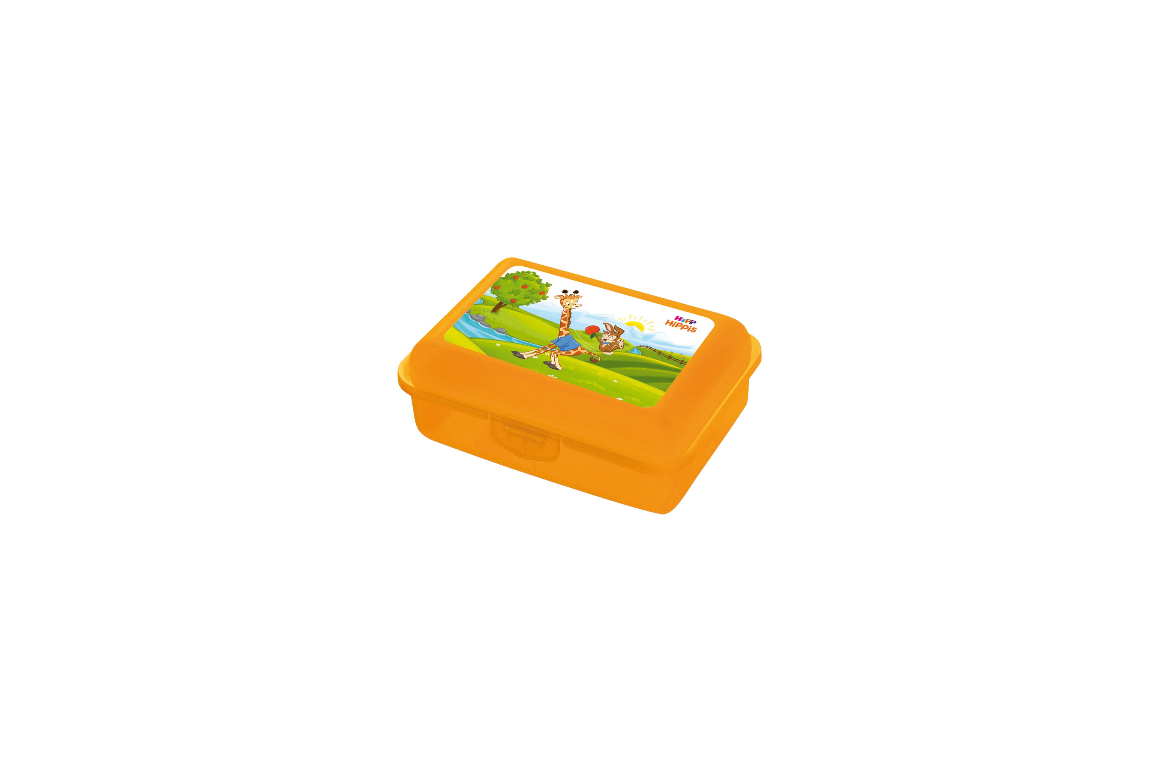 Orange HiPPis Snackbox mit buntem Tiermotiv auf dem Deckel