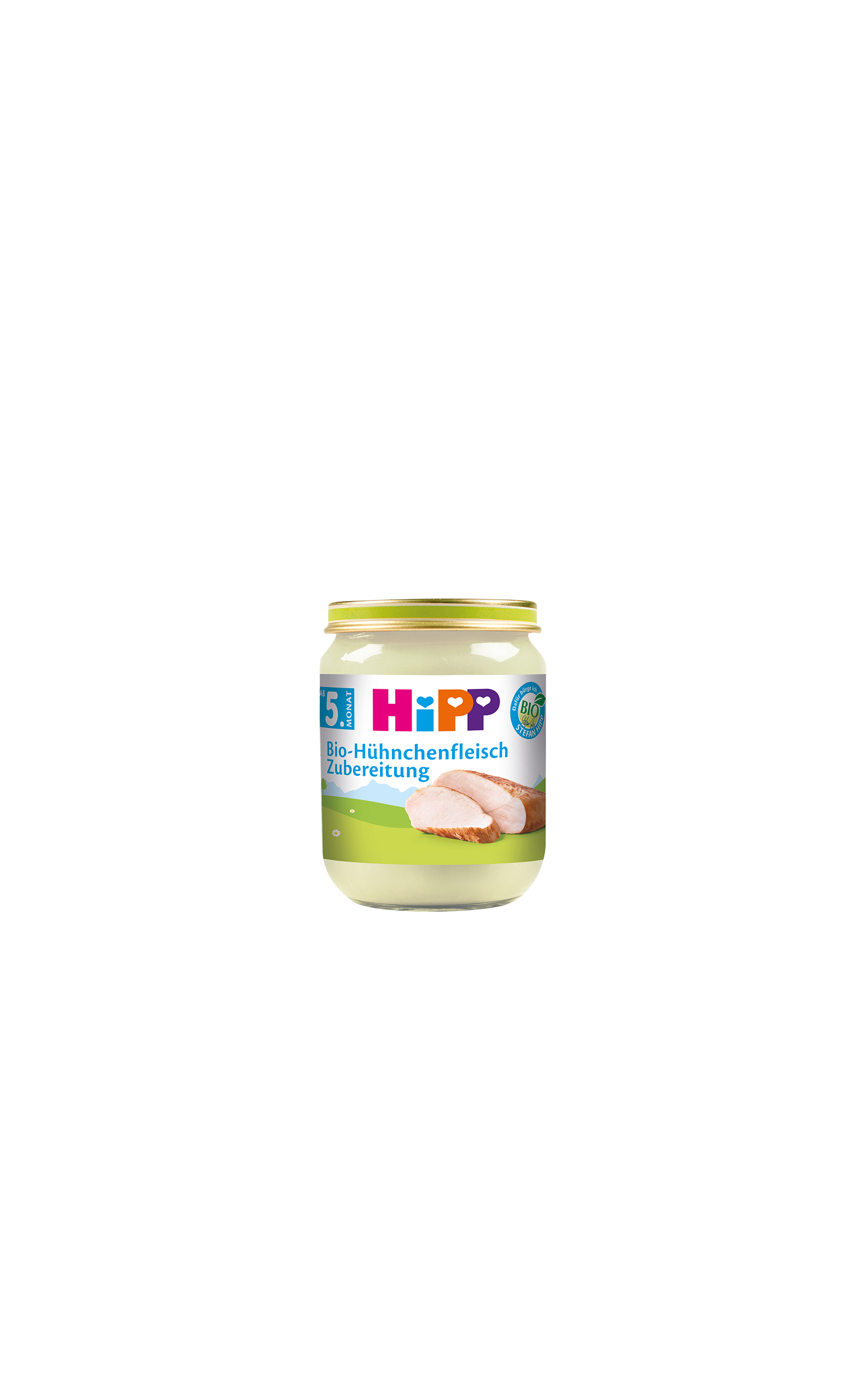 HiPP Bio-Hühnchenfleisch Zubereitung im Glas für Babys ab dem 5. Monat vor schwarzem Hintergrund