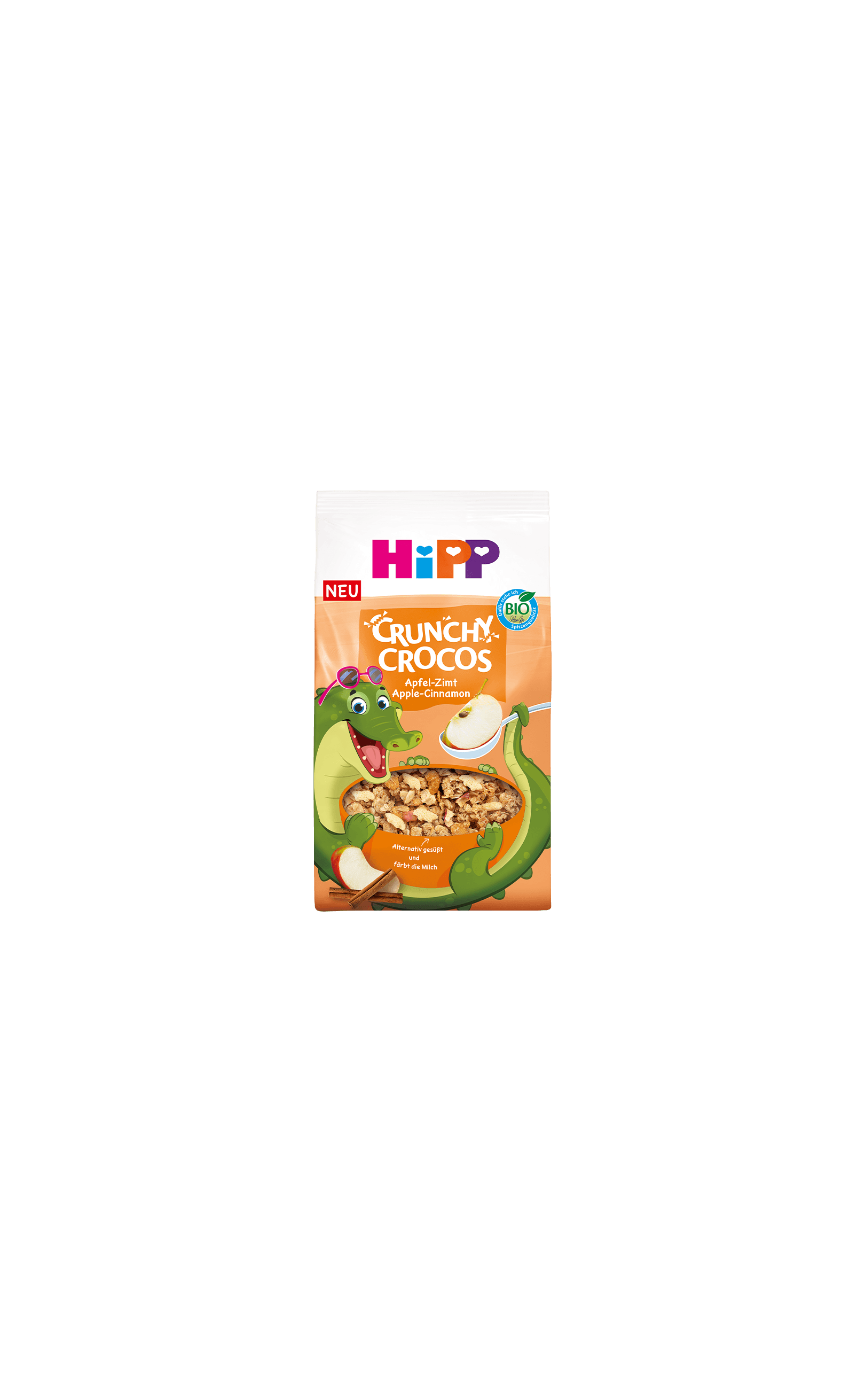 HiPP Crunchy Crocos Apfel-Zimt Bio-Kinder-Müsli mit fröhlichem Krokodil-Maskottchen auf orangefarbener Verpackung