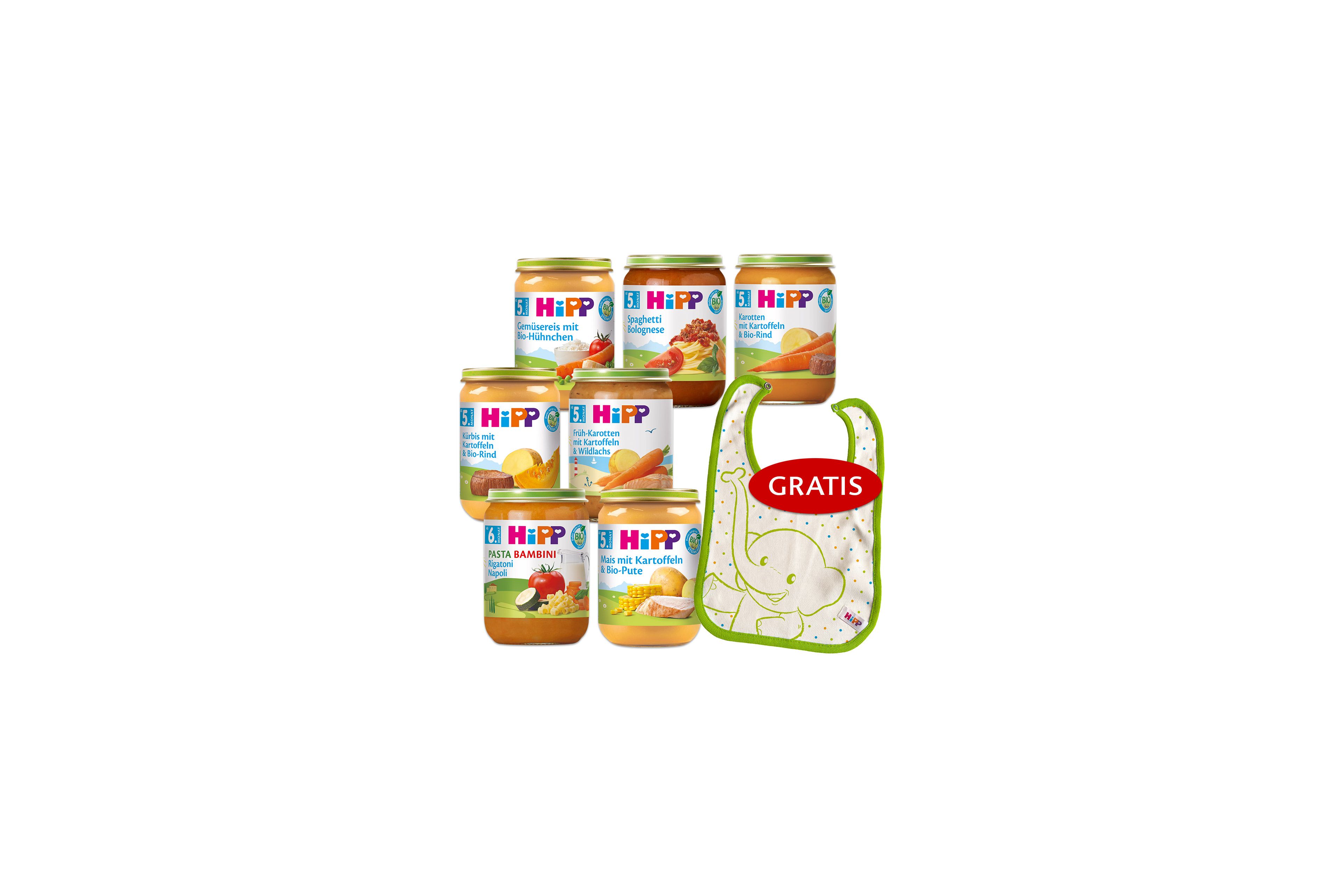 HiPP Beikost Wochenpaket mit sieben Menüs für den 5.–6. Monat und gratis Lätzchen mit Elefantenmotiv