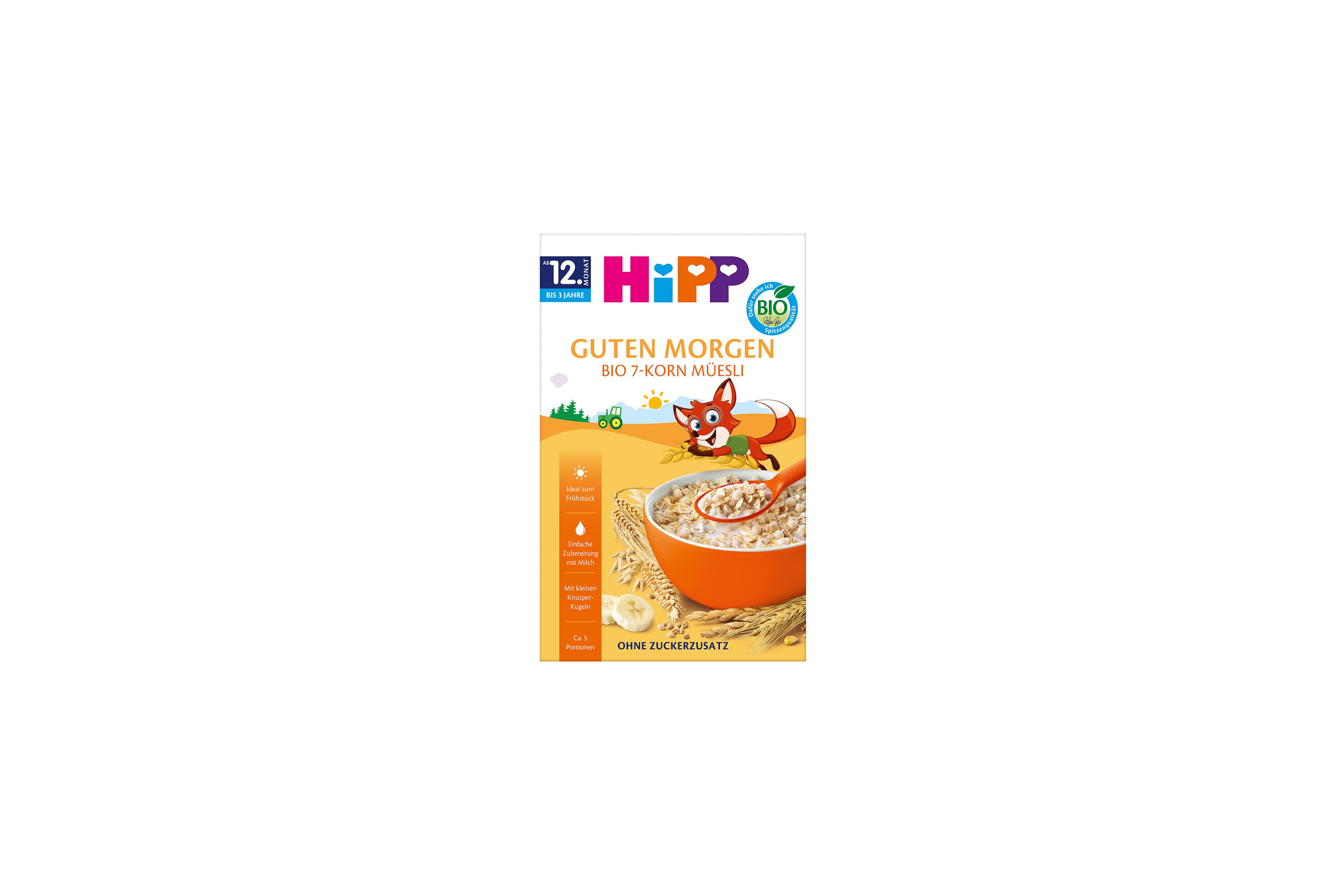 HiPP Guten Morgen Bio 7-Korn-Müesli Packung mit orangener Müslischale und kindlichem Fuchs-Motiv für Kleinkinder ab 1 Jahr