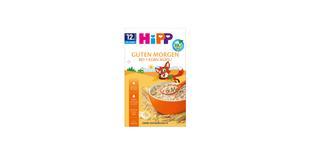 HiPP Guten Morgen Bio 7-Korn-Müesli Packung mit orangener Müslischale und kindlichem Fuchs-Motiv für Kleinkinder ab 1 Jahr