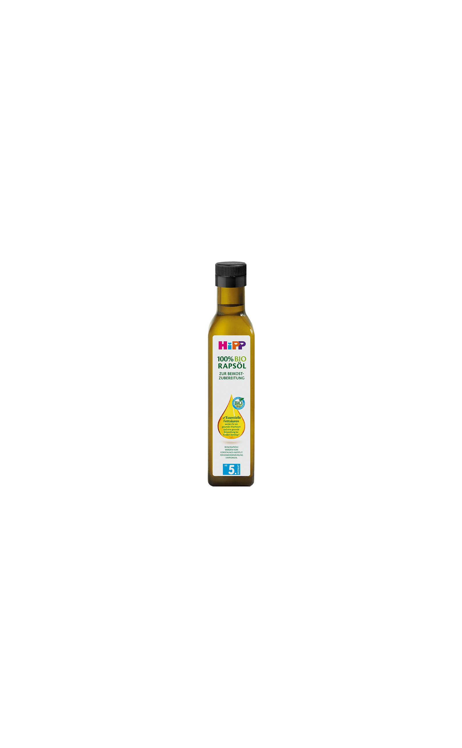 Flasche HiPP 100% Bio Rapsöl für die Beikostzubereitung, freigestellt auf weißem Hintergrund