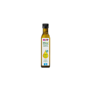 Flasche HiPP 100% Bio Rapsöl für die Beikostzubereitung, freigestellt auf weißem Hintergrund
