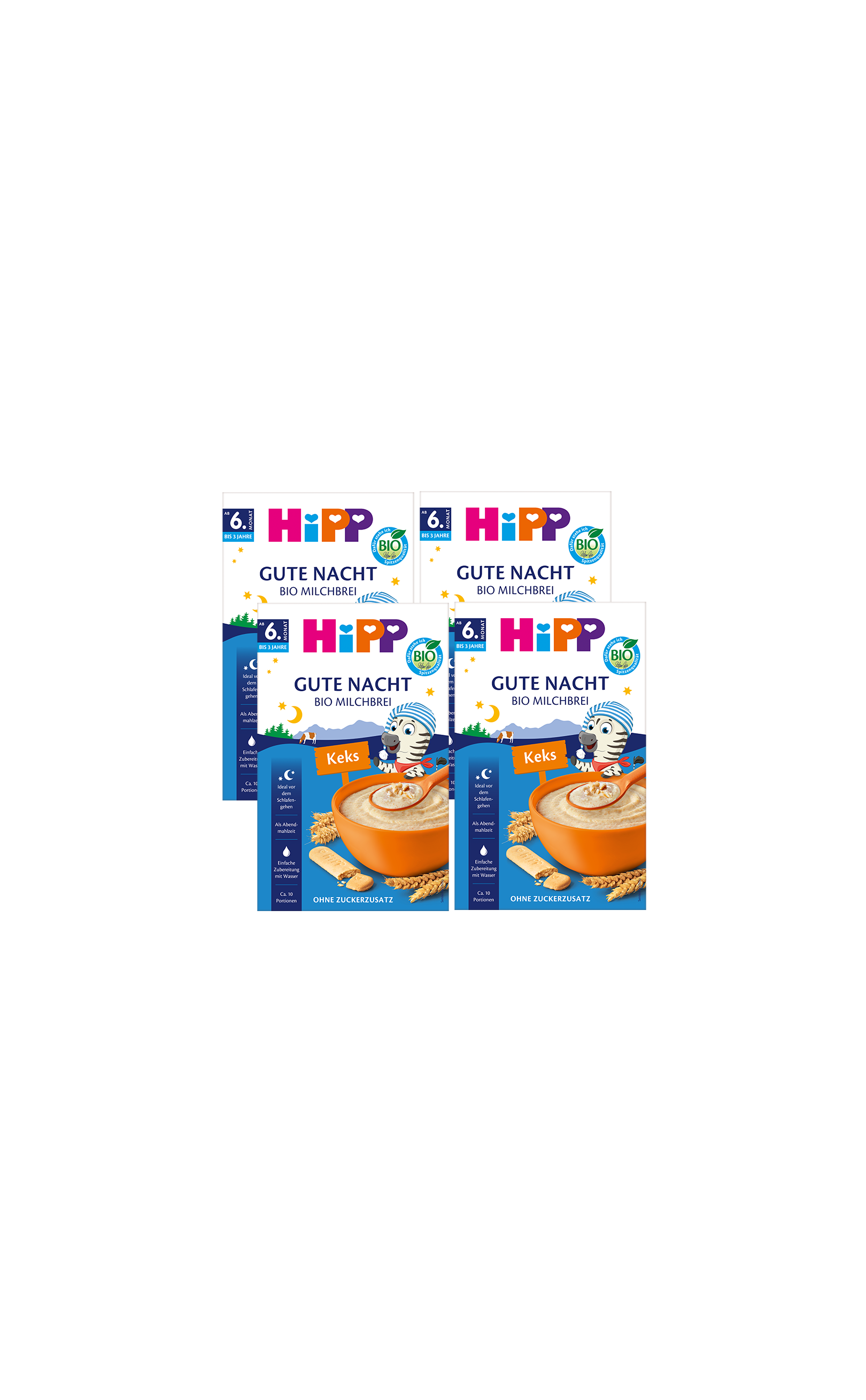 Viererpack HiPP Gute Nacht Bio Milchbrei Keks ab 6 Monaten, Packungen mit Schüssel Brei und Keks auf blauem Hintergrund