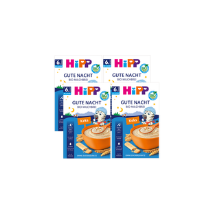 Viererpack HiPP Gute Nacht Bio Milchbrei Keks ab 6 Monaten, Packungen mit Schüssel Brei und Keks auf blauem Hintergrund