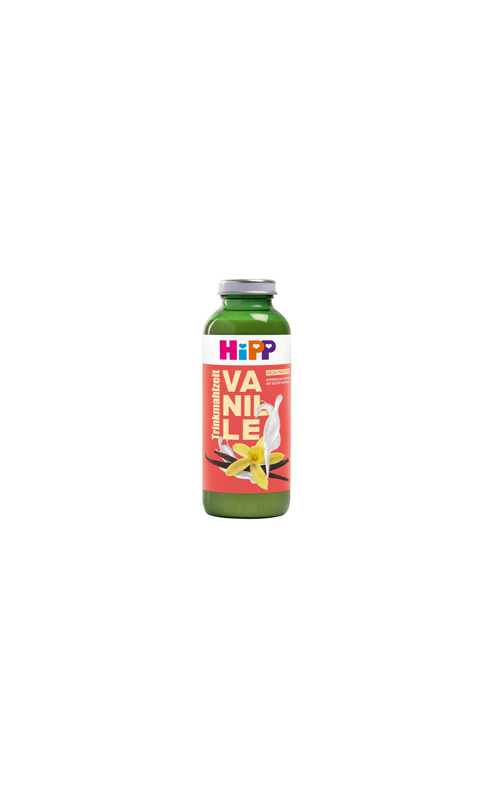 HiPP Trinkmahlzeit Vanille in grüner Glasflasche mit Vanilleblüte und Vanilleschoten auf dem Etikett