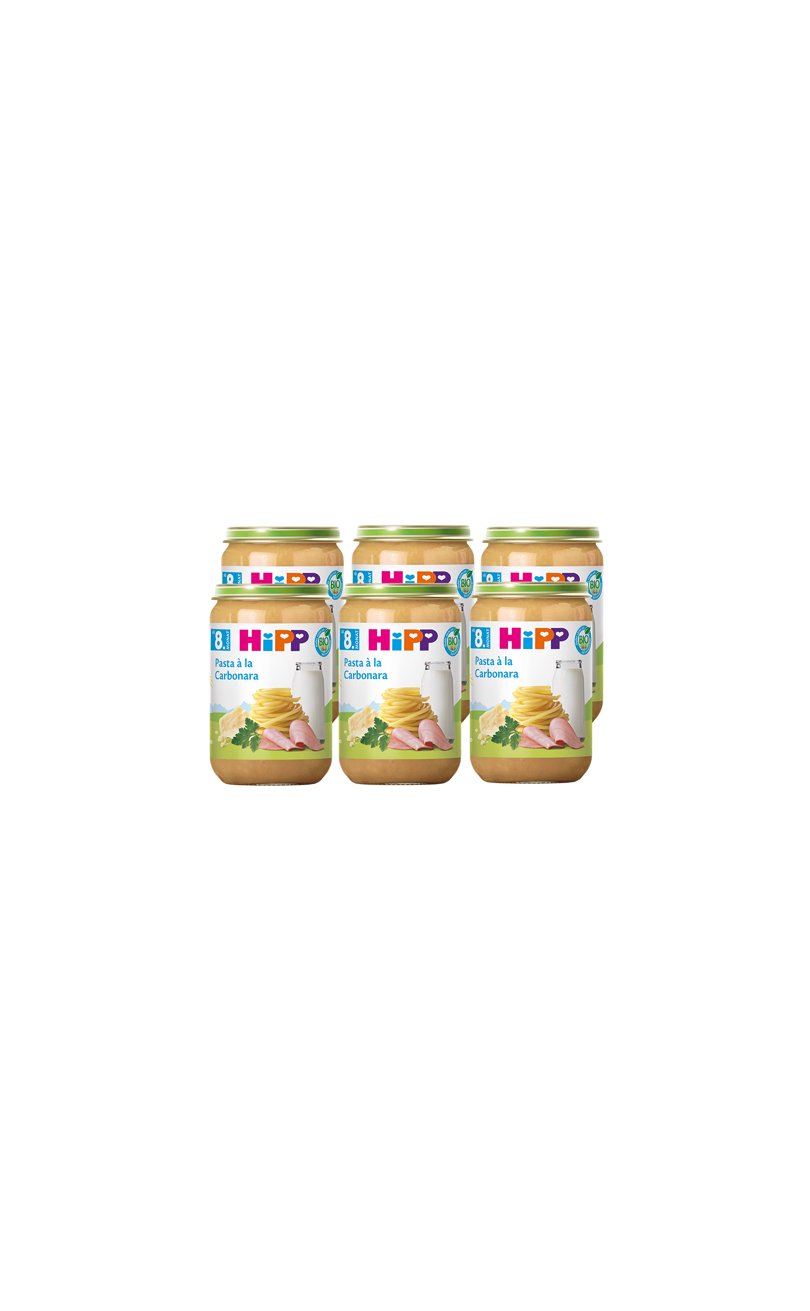 Sechs 220-g-Gläschen HiPP Bio Pasta à la Carbonara, ab dem 8. Monat