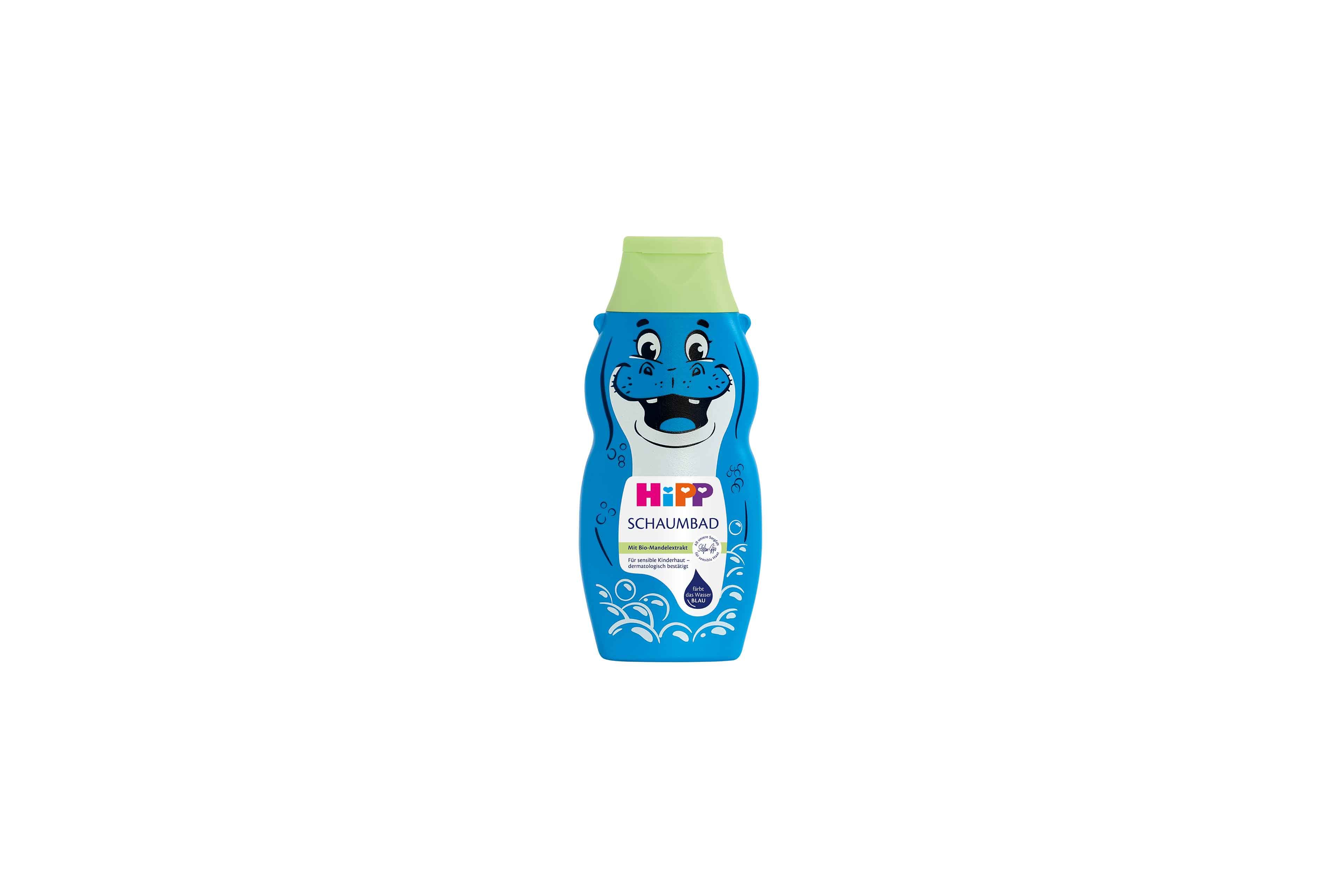 HiPP Schaumbad in blauer Nilpferd-Flasche mit grünem Verschluss