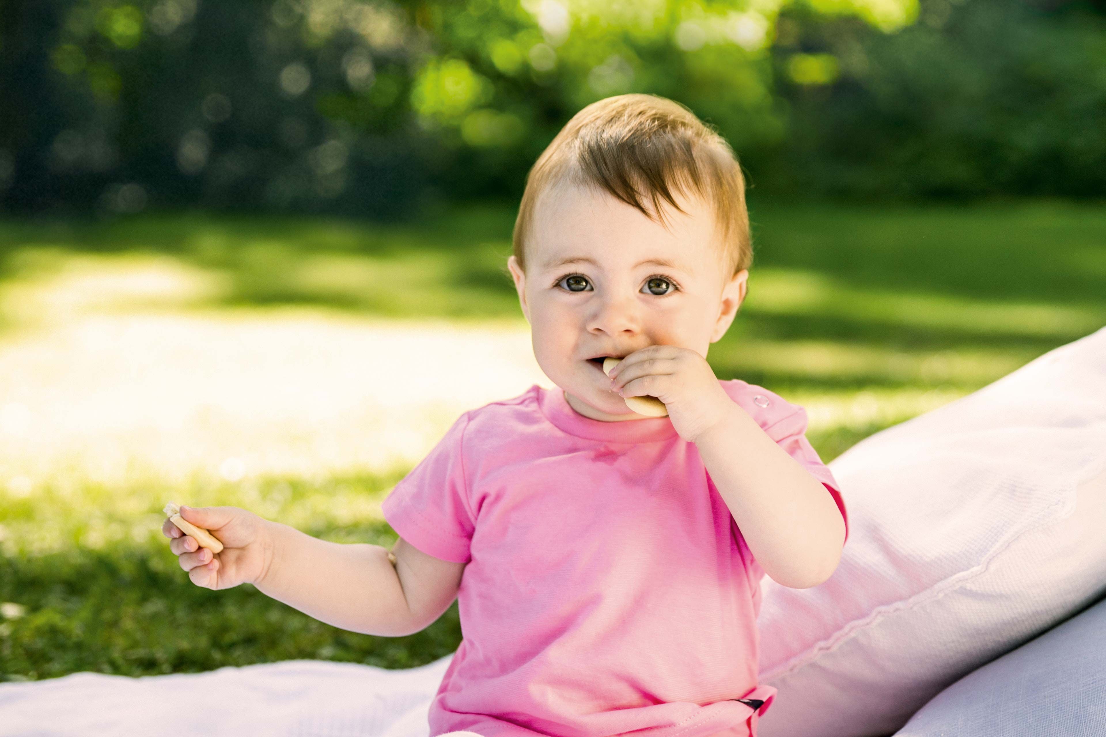 Baby sitzt im Grünen auf einer Decke und knabbert entspannt an einem Snack in der Hand.