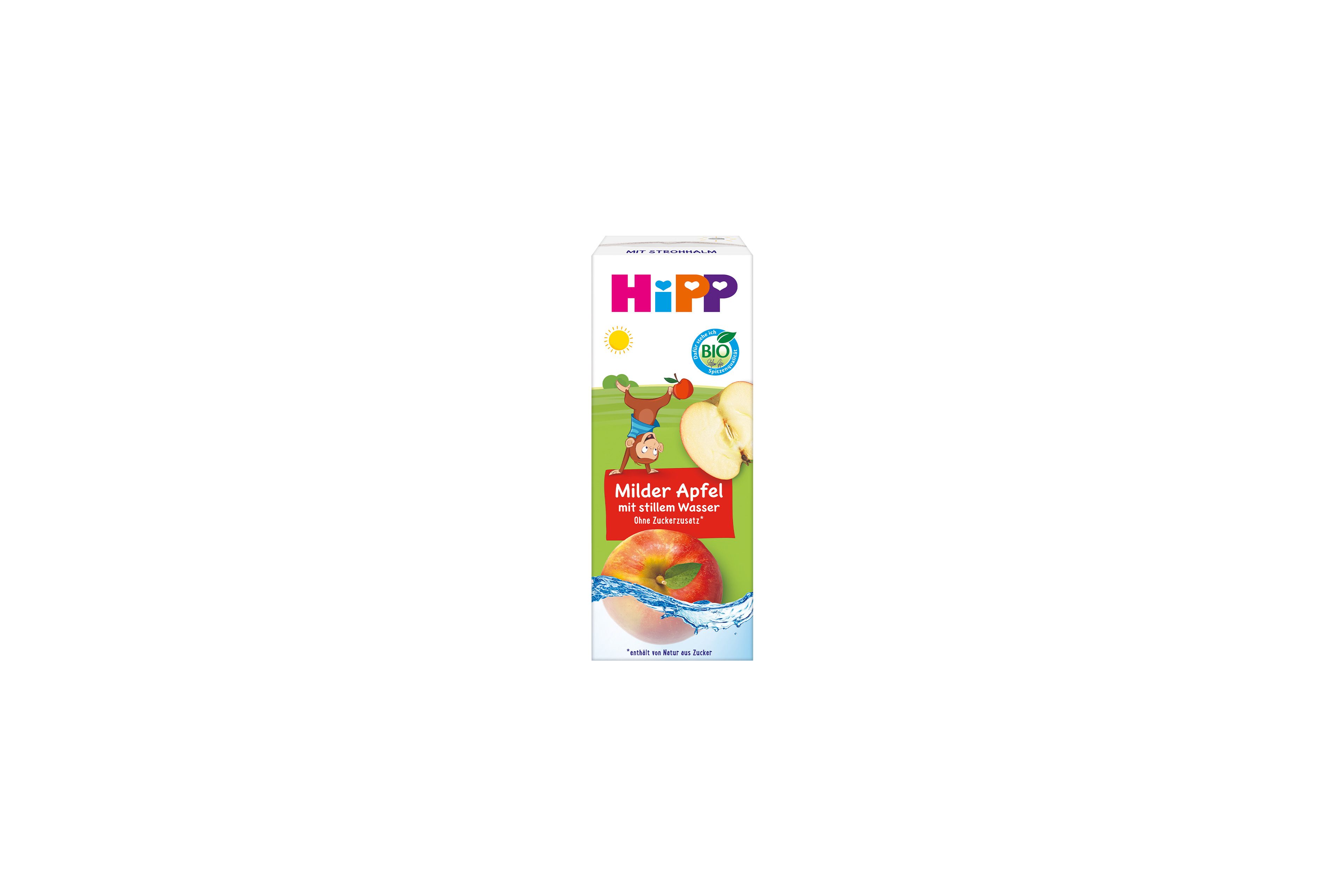 HiPP Kindergetränk „Milder Apfel mit stillem Wasser“ im 200-ml-Tetrapack mit Bio-Logo und Apfelmotiv auf der Vorderseite